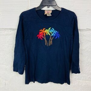 Top stitch Colorful Palm Tree Embroidered Navy cotton Top size large